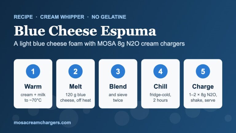 Blue cheese espuma recipe in 5 steps made with a cream whipper and MOSA 8g N2O cream chargers